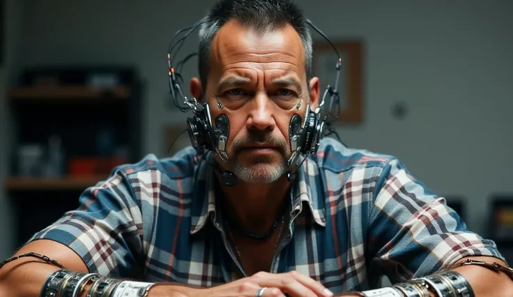 Forrest Gump Tom Hanks , with very short hair,  shaved on the sides , Dark and with inputs,  dressed in a short sleeve shirt with large blue plaid, in different shades of blue and some white , You can see his arms Cyborg , with cables and circuits , The ha...