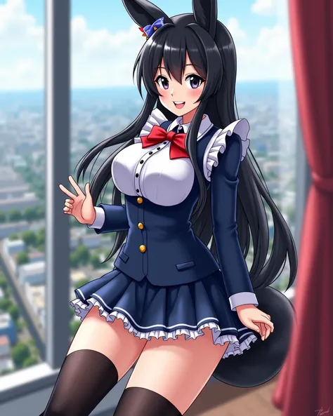 (((((gigantic breasts:1.5))))), (masterpiece:1.3), (insanely detailed:1.3), absurdres, city, room, (loli:1.3), maid, excited, delightful, grinning, evil smiling, waving at the camera, legs spread, looking back, long hair, black hair, black eyes, irisless e...