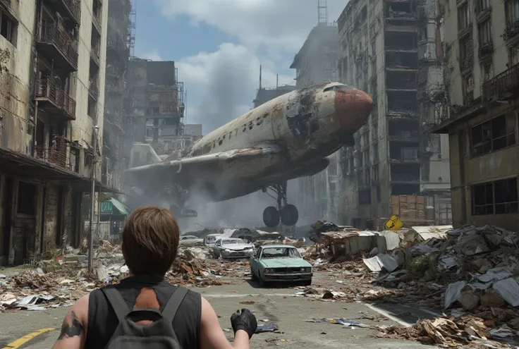  image of a first-person view of a survivor walking in the middle of a shopping street like   "times square"  of a 50-story metropolis , abandoned,   deteriorated concrete buildings rounded with smoke coming out of the wide windows and Horizon  ,   smoke c...