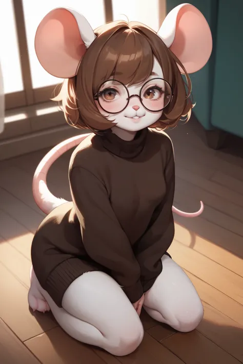 1 furry girl, white fur, murid girl, mini girl, short brown hair, bangs, white mouse ears, mouse tail, small breasts, dark brown sweater, round glasses, kneeling, flat dark wood floor, blushed