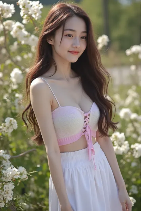 A sweet young woman with soft, delicate features, fair skin, and warm, gentle eyes. She has long wavy hair cascading down her shoulders. The scene is softly lit, capturing her serene expression. She stands in a natural setting, surrounded by blooming flowe...