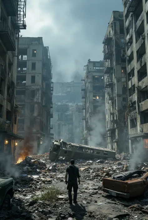    first-person image of a survivor walking in the middle of a street in the commercial center of a metropolis with very tall concrete buildings of 50 floors abandoned and deteriorated and surrounded by smoke coming out, broken windows up to the horizon  ,...