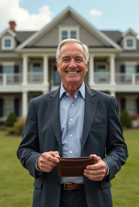 Un Homme avec un grand sourire devant une maison de rêve, mais avec un portefeuille vide.(crise subprimes)