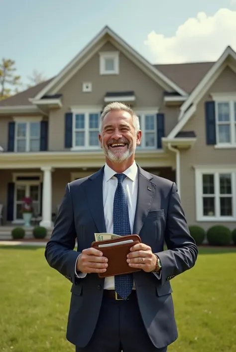 Un Homme avec un grand sourire devant une maison de rêve, mais avec un portefeuille très vide.(crise subprimes)