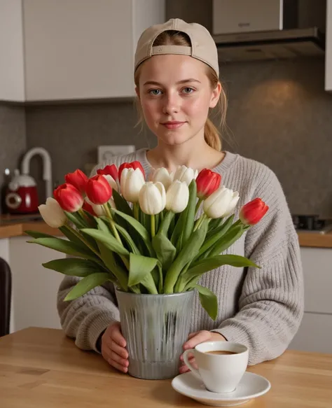 A modern kitchen, A bouquet , Tulips, Combining colors ,  red and white ,  in a gray crystal vase. A seventeen-year-old girl stands behind.  She has light blond hair. A horse's tail . she has a round face. A short neck and a short forehead, short round chi...