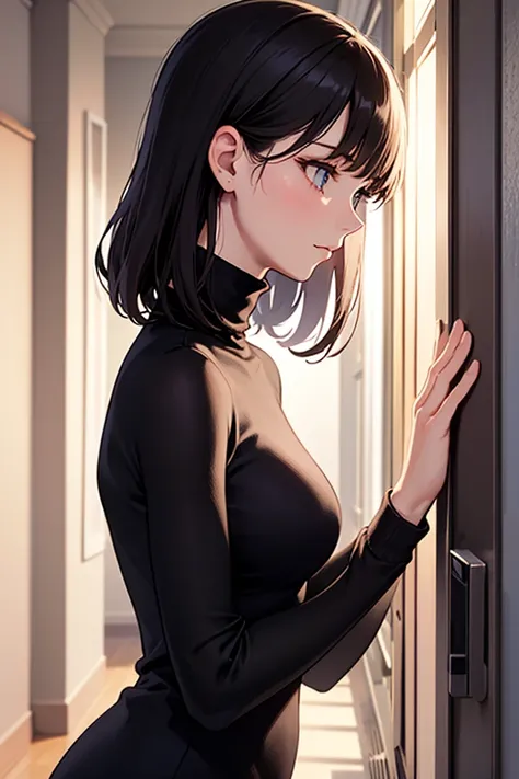 fifty-something woman wearing a black turtleneck top standing in a hallway, sophisticated young woman, thoughtful pose, young woman, elegant profile pose, attractive woman, charming girl, elegant profile pose, profile pose, beautiful young woman, wearing a...