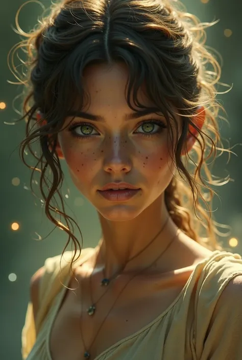 Girl around 20 years old,  tanned skin, poor,  messy wavy light brown hair and dark green eyes, With halos of magic around a safe look, Rough look. Plump up face 