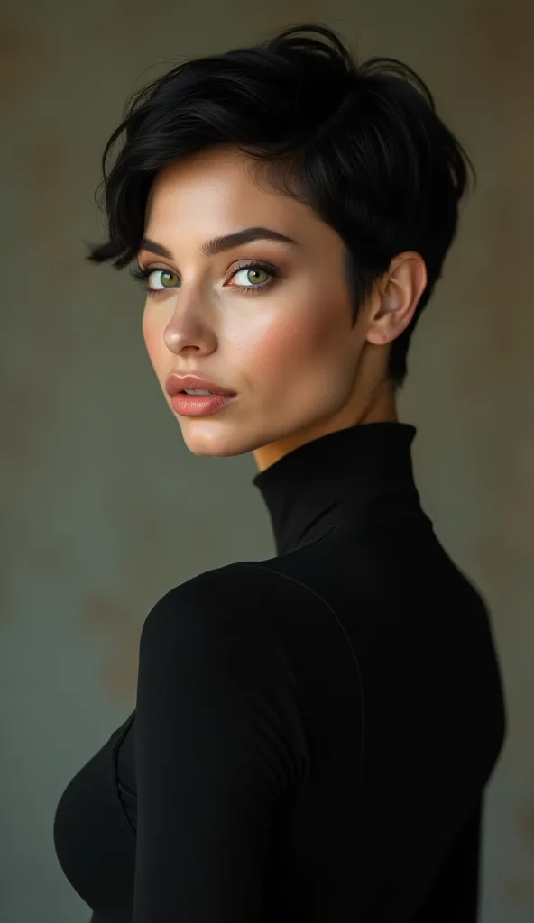 A hyper-realistic, ultra-detailed full-body portrait of a stunning woman with a heart-shaped face, high cheekbones, a delicate yet slightly angular jawline, large expressive almond-shaped green eyes, a small refined nose, and full lips. She has fair, flawl...