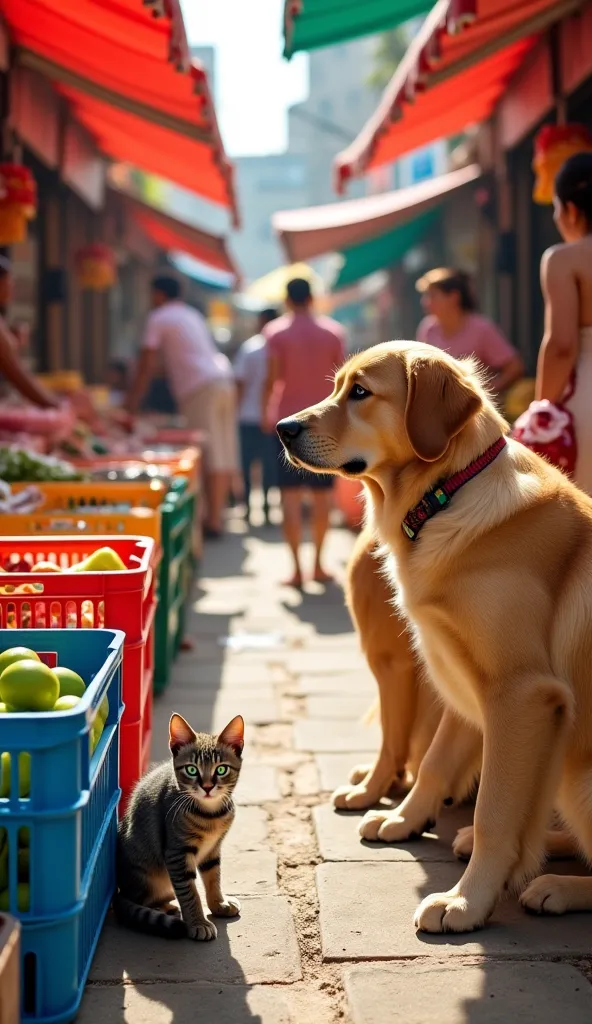 A lively outdoor marketplace filled with colorful stalls, fresh fruits, vegetables, and fish. People bustle around, shopping and chatting. In the foreground, a small grey stray cat with bright green eyes (Luna) sneaks behind crates, while a large golden re...