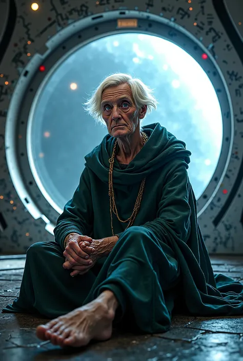 Elderly witch with very short blond hair and blue eyes sitting barefoot in a spaceship 