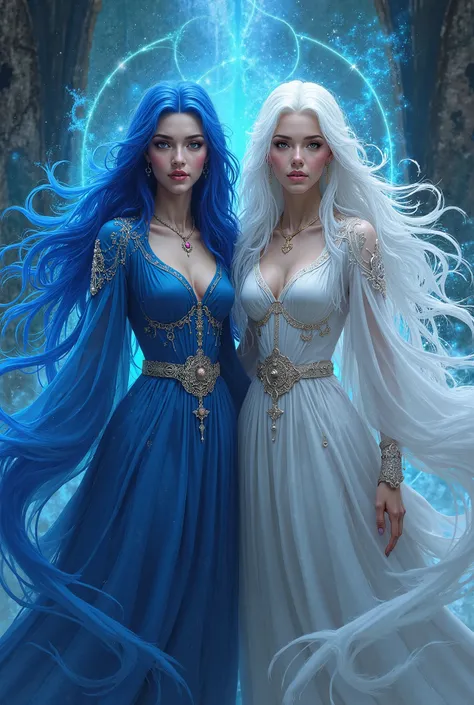 Beautiful twin sorceresses blue hair and white hair