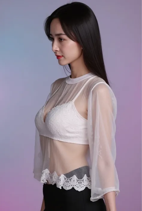 (photorealistic:),(masterpiece, sidelights, exquisite gentle eyes), (masterpiece), (black hair,long hair,),(1 girl) ,(cowboy shot:1.5),(stand), (lace T-shirt :1.3),(see-through bra),(no pants:1.4),(), (cute face),(small breasts),(gradient background)、 neat...