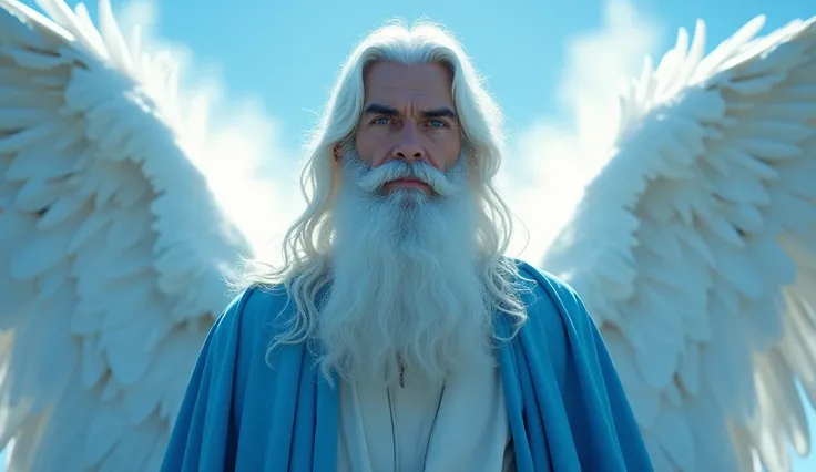 A very beautiful photo of the angel Gabriel in the 2nd person , very handsome man with an ultra realistic long white beard, detailed lines and 8k,  totally intense blue clothes and very white wings