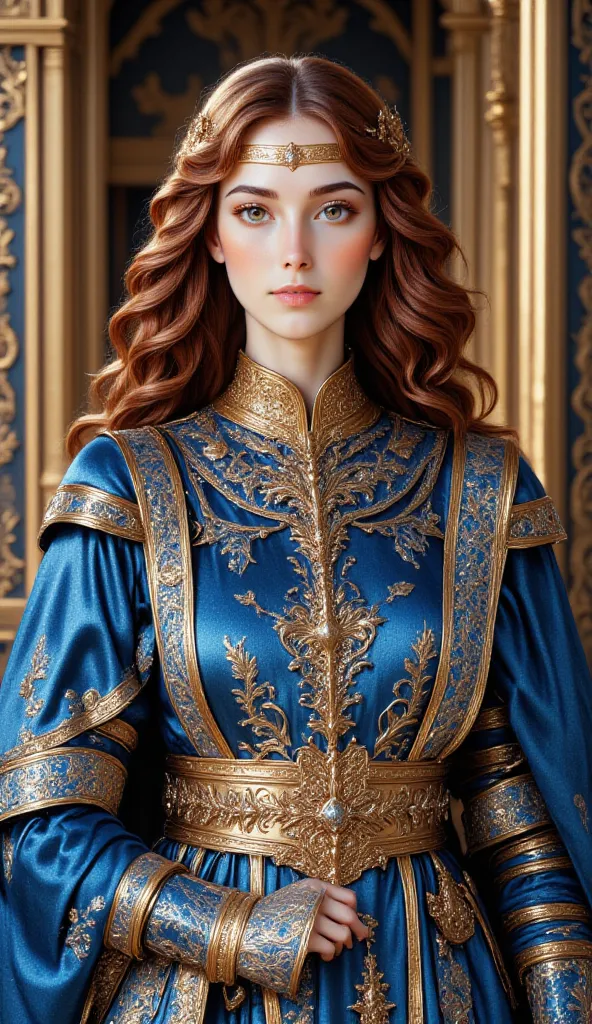 (photorealism:2), young beautiful Renaissance princess, light brown wavy hair with golden highlights, blue hazel eyes, fair skin, blue and gold Renaissance clothing.full body, standing , with head dress,