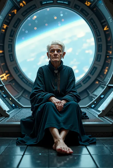 Elderly witch with very short blond hair and blue eyes sitting barefoot in a spaceship 