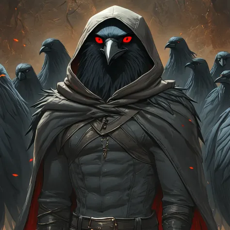 Corvidfolk, archer rogue in all black, cape and hood, red eyes