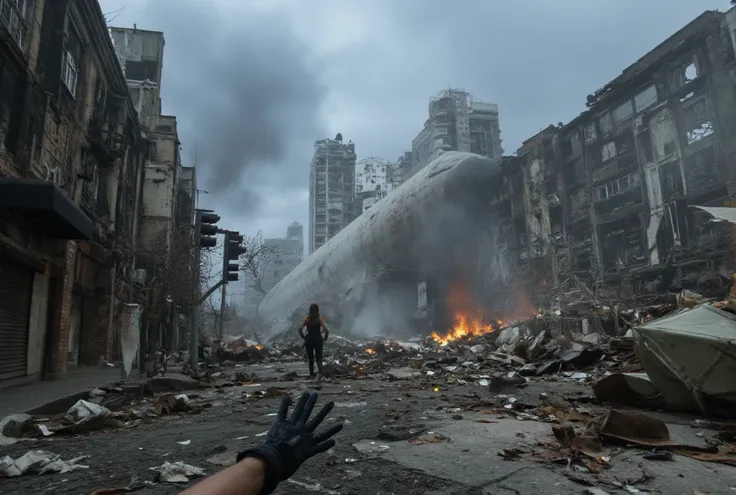  image of a first-person view of a survivor walking in the middle of a shopping street like   "times square"  of a 50-story metropolis , abandoned,   deteriorated concrete buildings rounded with smoke coming out of the wide windows and Horizon  ,   smoke c...