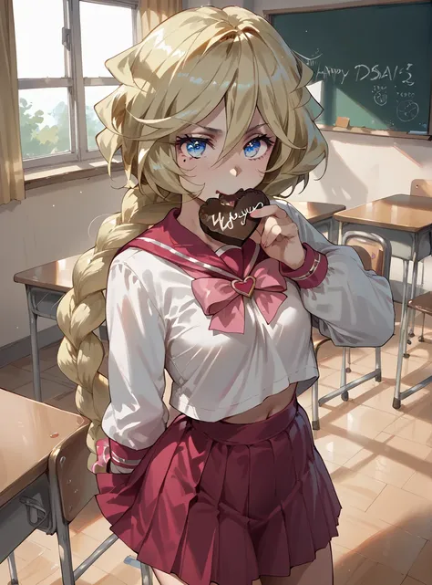 carolcasual, blonde hair, braid, mole,  blue eyes, shiny hair, braided ponytail , sailor suit,classroom,Hold Valentine's Day chocolate in your mouth and hand it over, roll up skirts