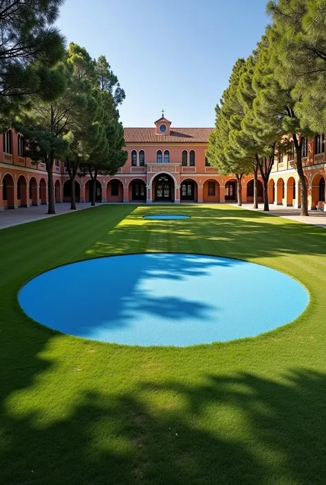 there is a circular blue area in the middle of a lawn, a picture by Luis Miranda, shutterstock, barbizon school, school courtyard, centre image, ground view, ground level view, academia, ground-level view, ground - level view, playground, historical settin...