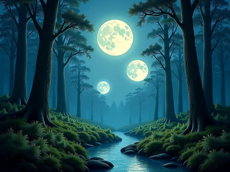 realistic photo, fantasy, forest, 3 moons in the sky, background
