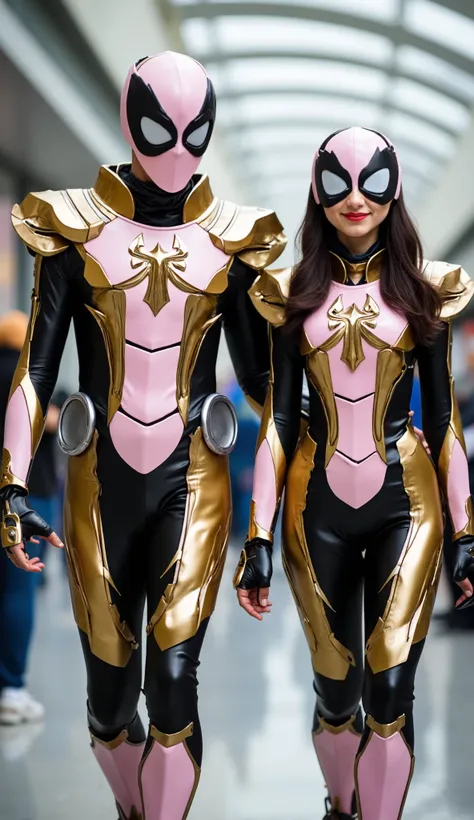 character: 1 man wearing a mask covering his entire head and 1 woman wearing a mask covering his entire head . 
action: Walking straight.

Expression : smiling.

Costume : they Wearing body suit Light pink Spiderman armor with futuristic black yellow accen...