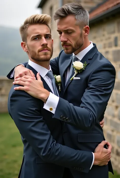 Tall and strong handsome young man with blond hair and short beard being carried in his arms wedding style by a handsome tall and strong mature man with dark hair and gray beard with an expression of concern 