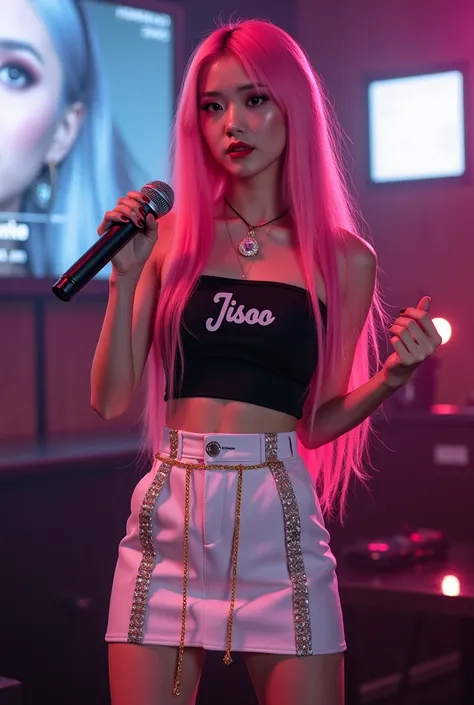 A Girl with Long Pink Hair wearing a Black Tube Top with the name Jisoo written in the Front and a white mini Skirt designed with Polygraph Lines of The Lie Detector with a Gold chain on her waist Topped with Diamonds that extended like tails from the Back...