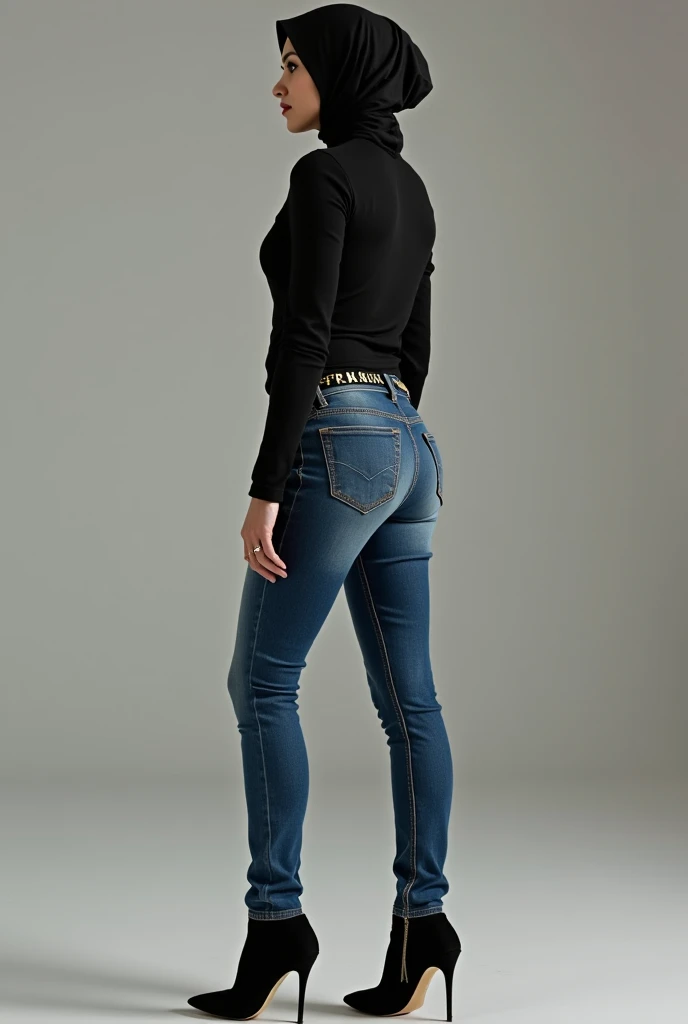 Woman wearing high-heeled hijab,  Waist chain,  falten im gesicht, schmale Size, sehr skinny jeans, the image,  big ass , athletic legs, sexy blicke, hoe face, 50 years old, with wrinkles on her face ,, looking back, full body picture, from side