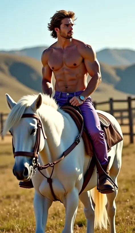 A breathtakingly handsome and muscular rural man under the Sagittarius theme, with medium-length light brown hair, intense honey-colored eyes, and a thick, well-defined hairy chest. His sculpted abs and broad shoulders exude strength as he sits confidently...