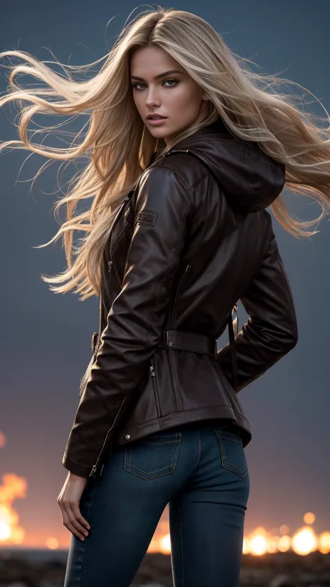 An ultra hot,   beautiful European woman  , Age 23.   She's a Playmate and Men Magazine Supermodel .   long wavy blonde hair  , zerzaust, Tousled by the wind hair ,  full body, sitzt am Lagerfeuer ,   wears a brown leather coat  , dark blue jeans, ( extrem...