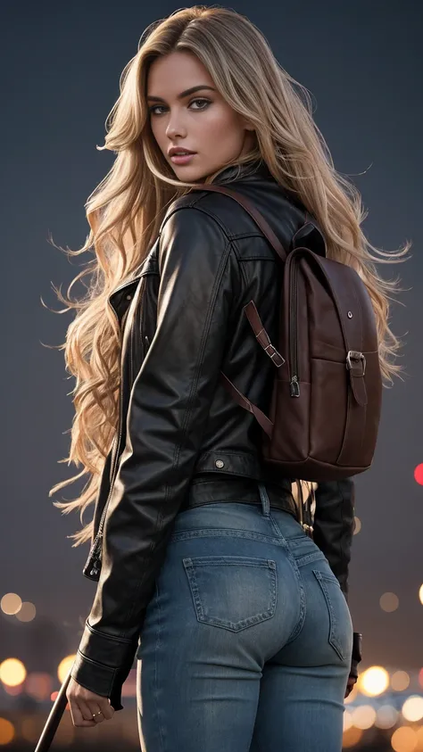 an ultra hot,  beautiful European woman , Age 23. She’s a playmate and men magazine supermodel.   long wavy blonde hair , disheveled, vom Wind disheveled Haar,  full body, sitzt am Lagerfeuer,  wears a brown leather coat , dark blue jeans, (extremely detai...