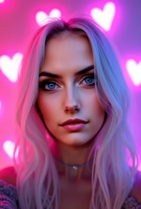 Latisha, with her glowing white hair and intense green eyes, takes a selfie in front of neon pink and purple hearts glowing on the wall behind her. She puckers her lips, forming a soft kiss, her eyes playful and full of life. The soft glow of the neon hear...