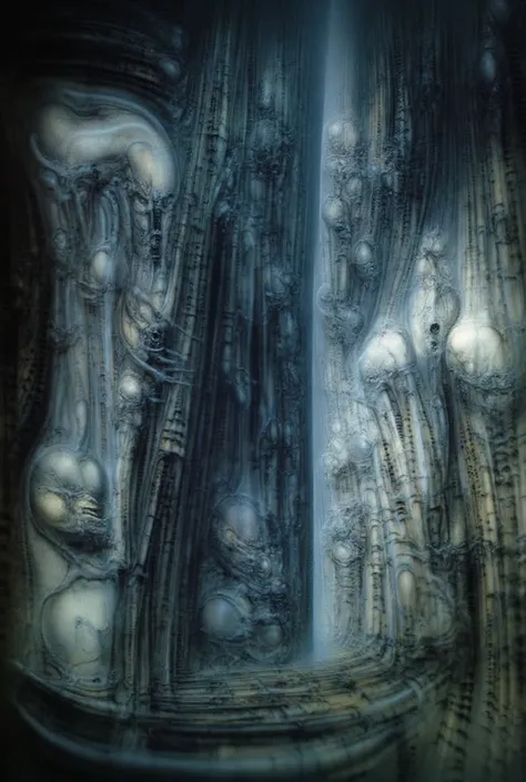 DARK BLACK COLORS. Giger_style, H. R. Giger's g1g3r, , Giger_style. Please reproduce the original image as accurately as possible, capturing the intricate details of the biomechanical structures, the dramatic lighting, and the overall sense of unease. Find...