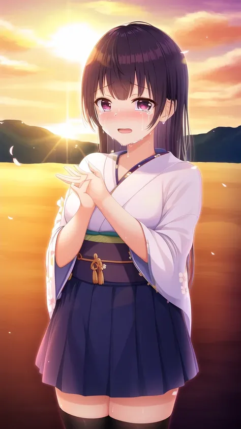 masterpiece, high quality, 1girl, suou yuki in a desert, crying while the sun goes down, wearing a yellow kimono with purple obi, HD, 4k, detailed, sun-kissed ligthing, sunglare, open hand, zettai ryouiki, cherry blossoms, lens flare, (masterpiece), best q...