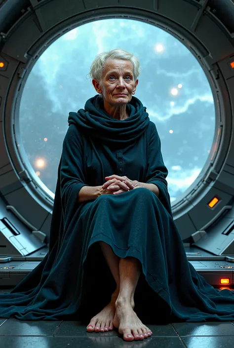 Elderly witch with very short blond hair and blue eyes sitting barefoot in a spaceship 