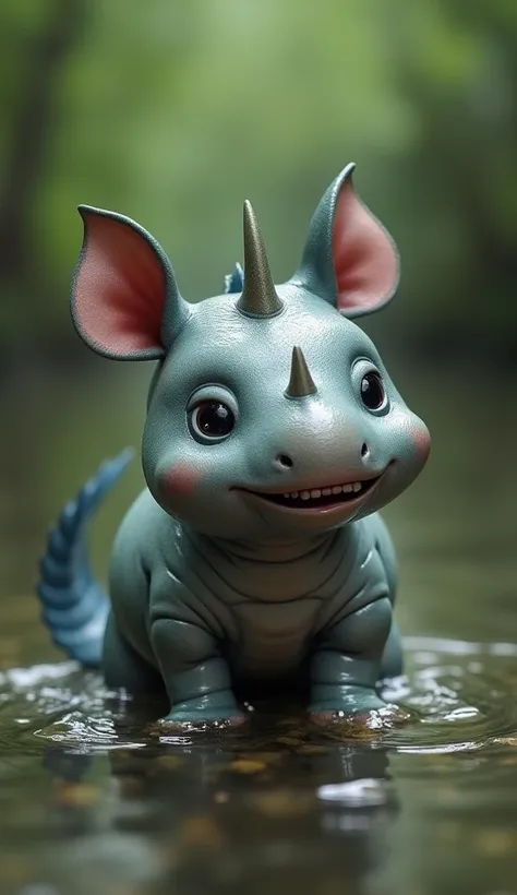 "A tiny and cute baby hybrid, a mix between a cute baby rhinoceros and a piranha, stands happily in the middle of a quiet, water-logged forest. Its small, chubby body is covered in shiny fish-like scales, it has a fish tail shimmering in shades of gray and...