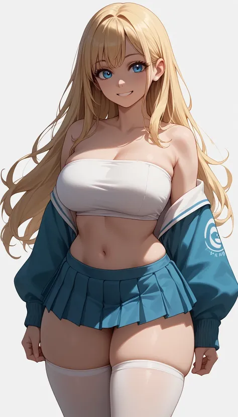 1 girl, (20 years old), long hair, blonde hair, blue eyes, (young), (cute), (curvy), (big breasts), (thick thighs), slim waist
,
tube top, pleated skirt, micro skirt, midriff, white thighhighs
,
standing, legs apart, smiling, medium shot, looking at viewer...