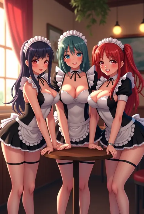 3 girls, anime, sexy, large breasts, assorted hair styles, red lips, makeup, smiling, face blush, curvy, maid outfit, maid headdress, matching garter straps, high heels, choker, maid cafe background, bending over tables, wide shot, 16k, best quality, very ...