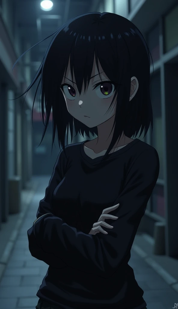 feminine, japanese, light skin, black hair, cold, piercing eyes, sarcastic expression, dark casual clothing, arms crossed, distant posture, night urban background, dark shadows, soft lighting, close-up do rosto, melancholic atmosphere, anime