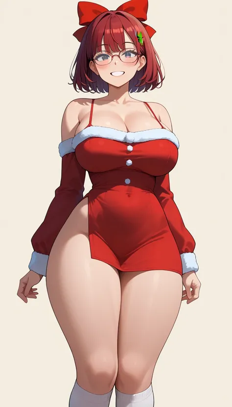 1 girl, short black hair, straight bob hairstyle, long sideburns, large hair bow, glasses, blushing, (big breast:1.4), (thick Thighs), (slim waist)
,
red hair bow, wearing Christmas dress, spaghetti straps red dress, white knee-high socks, no shoes
,
stand...