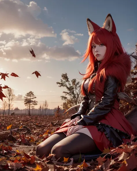 A red haired dress and a fur hood with fox ears, leather boots with spikes, a beautiful mocking slender white haired girl, posture, idel sports, on the hands of a fox and autumn black citadel, lies on the back in a huge pile of leaves —ar 3:4 —c 1 —w 1 —s ...