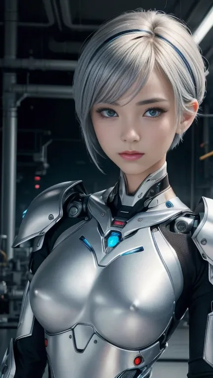 nsfw((( masterpiece))), ((( top quality))), (( ultra high resolution)), (  very detailed pictures  ), (( very delicate and beautiful)),( cute delicate face ), ((High Performance Cyborg Girl  )),(silver and blue robot armor) , (Inside the Cyborg Girl Manufa...