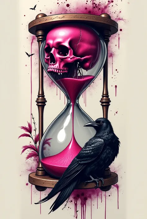 Hourglass tattoo, Pink Skull and Black and White Crow