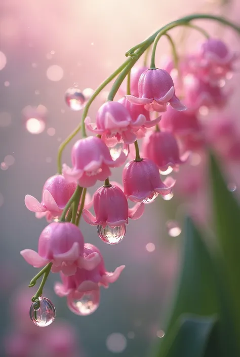 Can you create pink lily of the valley dripping little drops of water that looks unrealistic