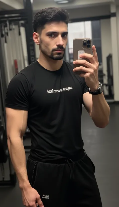 a young handsome turkish guy with muscle,  dark short hair and goatee amateur photo random picture he is in gym mirror selfie with a iphone 16 pro he wearing a black tshirt and the tshirt says balenciaga and a black joggerpants he has very much muscles he ...