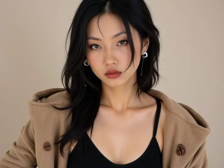 slightly protruding navel., neutral expression. She has long, zip-up jacket over a black top. Her facial expression is neutral to slightly playful, The image is a photograph of a young Asian woman big boobs  sexy with a medium-light skin tone, framing her ...