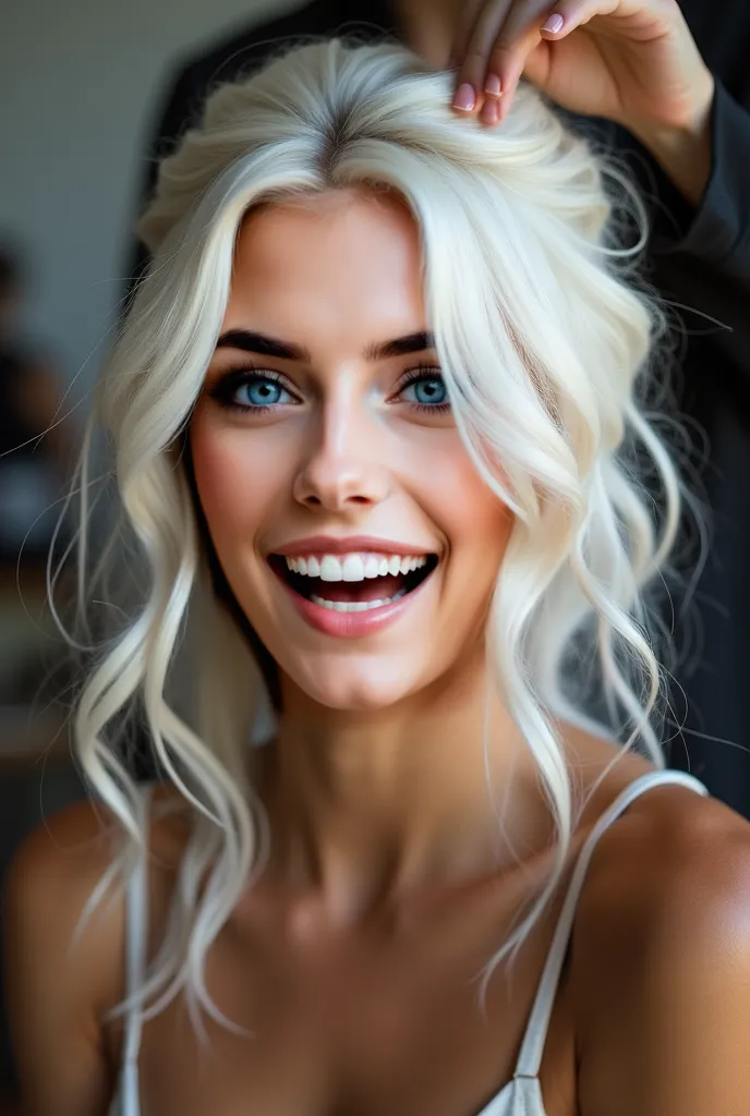 Latisha, with her glowing white hair styled in a loose updo, bursts into laughter as a makeup artist adjusts her hair. The candid moment is pure joy, showcasing her effortless charm and beauty.