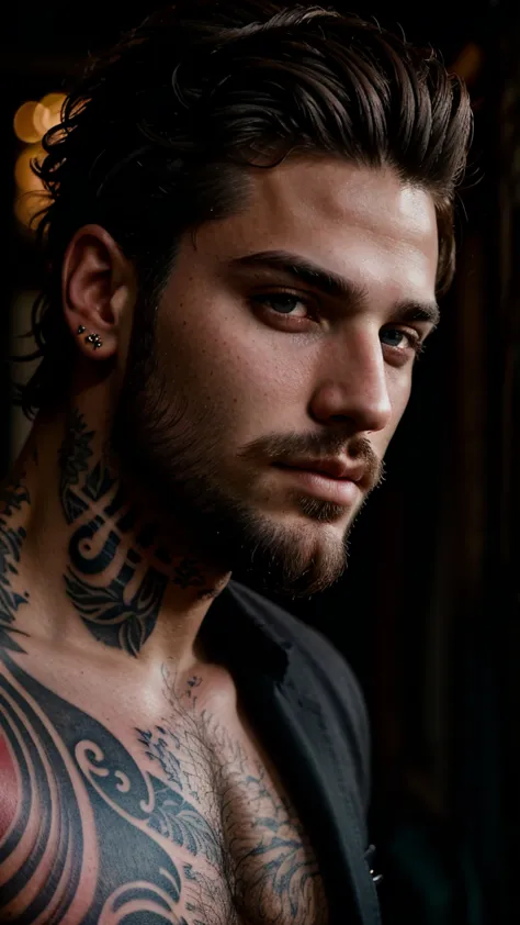 male portrait, beautiful face ,stubble beard perfect face, deliberate, masterpiece, best quality, highest quality, cinematic lighting, very beautiful, ultra realistic, tattoos, tattooed, beautiful, Piercing grey eyes