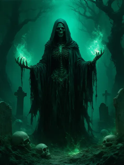 Necromancer Witch, occult, black magic, bones, skulls, horror, nighttime, dark clouds, ancient cemetery background, dark surrealism, high detail, masterpiece.