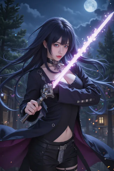 (Ultra-high quality, hyper-detailed, 8K, anime-style, cinematic lighting),  
(Female Kirito:1.3, mysterious yet powerful aura, intense and focused gaze, elegant yet deadly presence, confident stance),  
(Long, flowing black hair with a slight blue sheen, s...